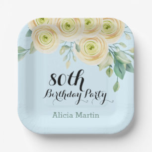 Witte Rose Flora Eucalyptus Blauw 80ste verjaardag Papieren Bordje