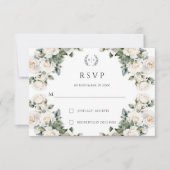 Witte Rose Garland Monogram Bruiloft RSVP Kaartje (Voorkant)