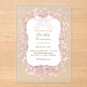 witte roze baby's adem bloemen Eerste Communie Acryl Uitnodigingen
