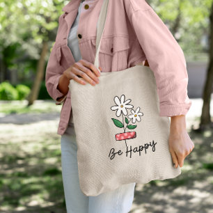 Witte Roze Bloem Wees Gelukkige Canvas tas