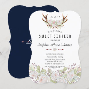 Witte roze bloemen Antlers Sweet 16 Kaart