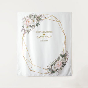 Witte Roze Bloemen Gouden Bruiloftsfotocabine Wandkleed