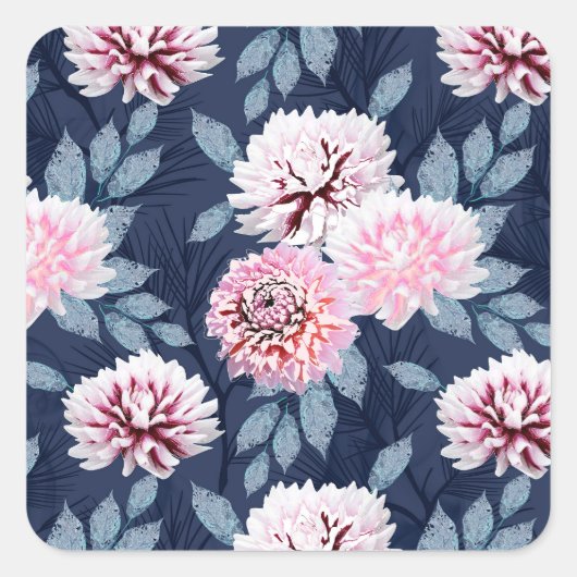 Witte, roze bloemen op donkerblauw. vierkante sticker (Voorkant)