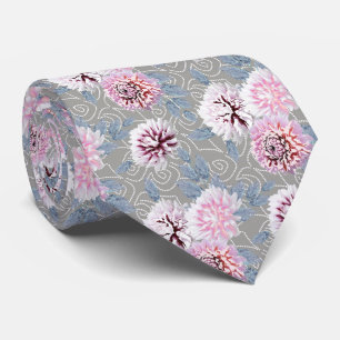 Witte, roze bloemen op grijs. stropdas