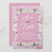 Witte & roze bloemen & stencils SAVE THE DATE kaar Kaart (Voorkant / Achterkant)
