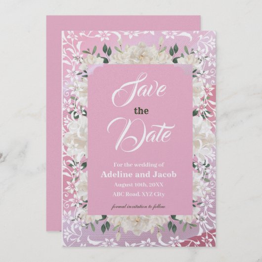 Witte & roze bloemen & stencils SAVE THE DATE kaar Kaart (Voorkant / Achterkant)