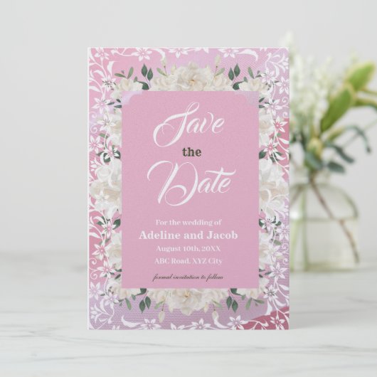 Witte & roze bloemen & stencils SAVE THE DATE kaar Kaart (Staand voorkant)