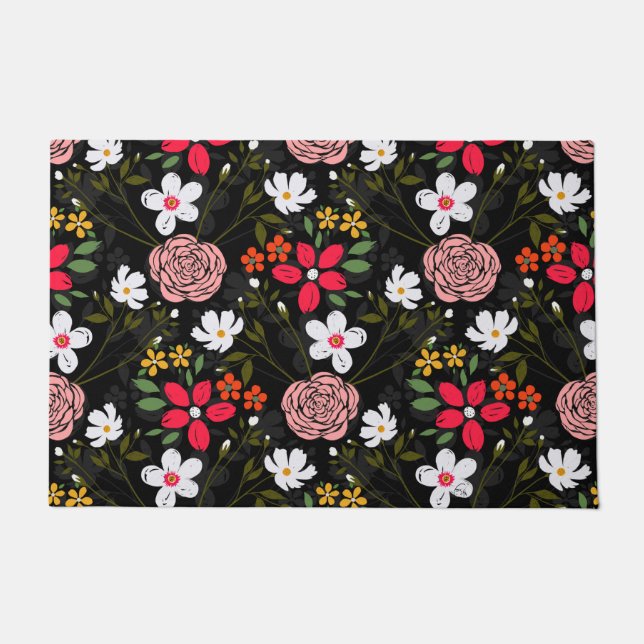  witte roze Floral Black penseelstreken Deurmat (Voorkant)