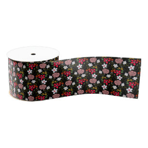  witte roze Floral Black penseelstreken Grosgrain Lint
