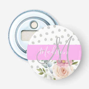 Witte roze grijze monogram voor Chic & Girly Flora Button Flesopener