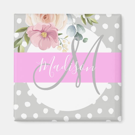 Witte roze grijze monogram voor Chic & Girly Flora Magneet (Voorkant)