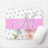 Witte roze grijze monogram voor Chic & Girly Flora Muismat (Met muis)