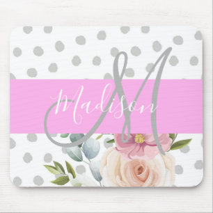 Witte roze grijze monogram voor Chic & Girly Flora Muismat