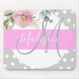 Witte roze grijze monogram voor Chic & Girly Flora Muismat