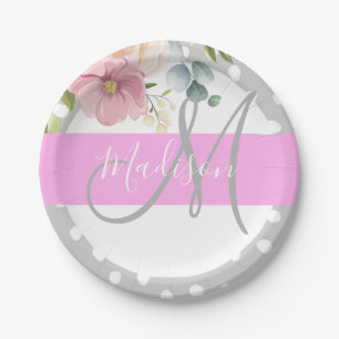 Witte roze grijze monogram voor Chic & Girly Flora Papieren Bordje
