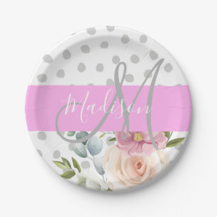 Witte roze grijze monogram voor Chic & Girly Flora Papieren Bordje