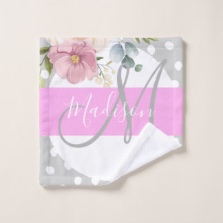 Witte roze grijze monogram voor Chic & Girly Flora Washandje