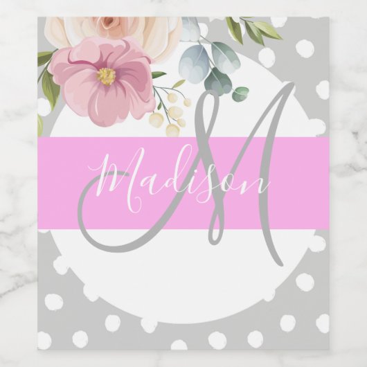 Witte roze grijze monogram voor Chic & Girly Flora Wijn Etiket (Enkel label)
