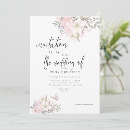 Witte Roze Magnolia's Vlinder Script Trouwdag Kaart (Staand voorkant)