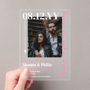 Witte Roze Pijl Typografie Fotobruiloft Acryl Uitnodigingen