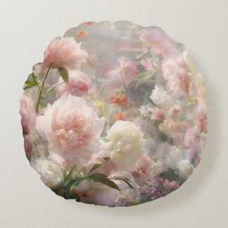 Witte & Roze Pioenrozen Waterverfschilderij Rond Kussen