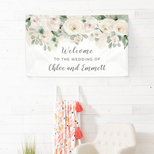 Witte Roze Roos Bloemige Trouw Welkom Spandoek (Insitu)