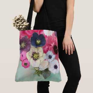 WITTE ROZE ROZEN, ANEMONEBLOEMEN, TEAL AQUA BLAUW DRAAGTAS