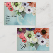 WITTE ROZE ROZEN EN ANEMONEBLOEMEN MONOGRAM VISITEKAARTJE (Voorkant / Achterkant)