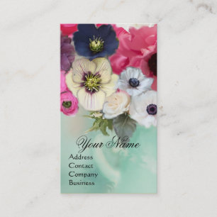 WITTE ROZE ROZEN EN ANEMONEBLOEMEN MONOGRAM VISITEKAARTJE
