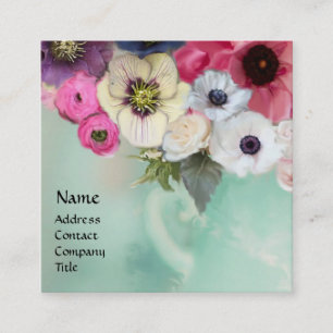 WITTE ROZE ROZEN EN ANEMONEBLOEMEN VIERKANTE VISITEKAARTJE