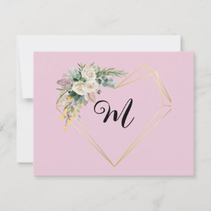 Witte Roze Rozen Gouden Hart Monogram Feestdagenkaart