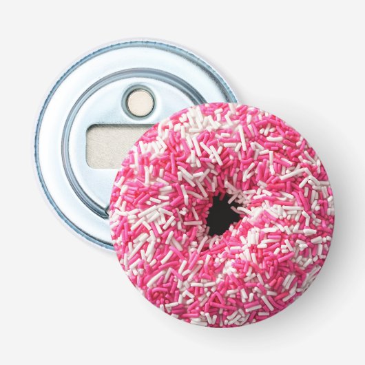 Witte roze sprinkhaan Donut Button Flesopener (Voorkant)