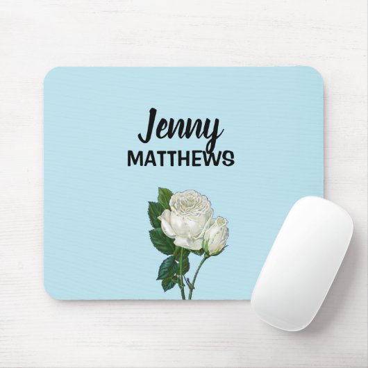  witte rozen aangepaste naam op blauw muismat (Met muis)