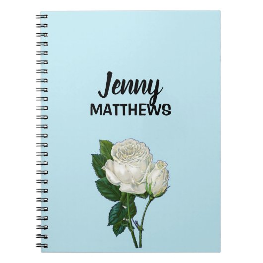 witte rozen aangepaste naam op blauw notitieboek (Voorkant)
