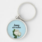 witte rozen aangepaste naam op blauw sleutelhanger (Voorkant)