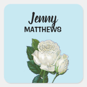 witte rozen aangepaste naam op blauw vierkante sticker