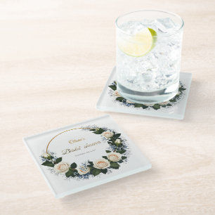 Witte rozen & blauwe baby's adem  glazen onderzetter