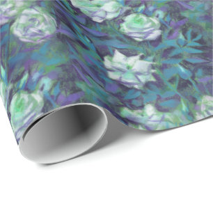Witte rozen, blauwe bladeren,  bloemenpatroon cadeaupapier