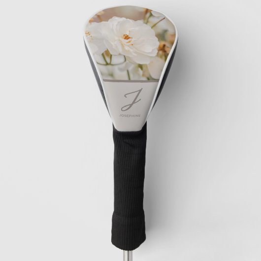Witte rozen bloem foto met monogram en naam golfheadcover (Voorkant)