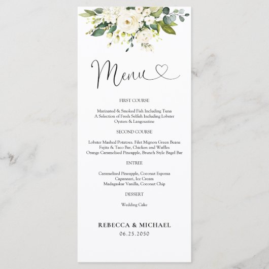 Witte Rozen Bloemen Huwelijksceremonie Menu (Voorkant)
