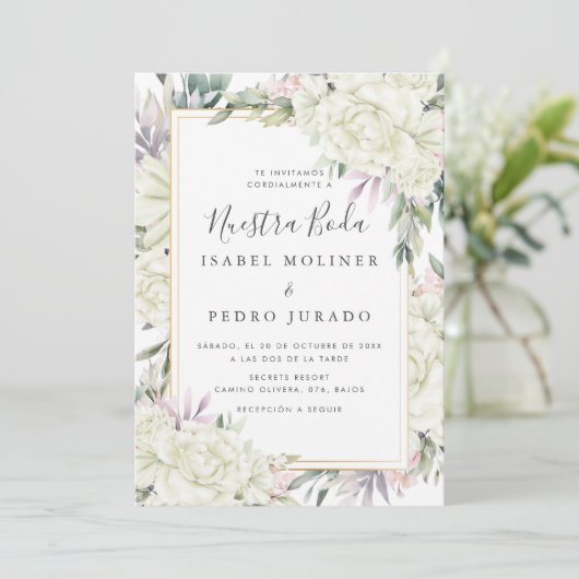 Witte Rozen Bloemen Nuestra Boda Spaanse bruiloft Kaart (Staand voorkant)
