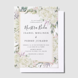 Witte Rozen Bloemen Nuestra Boda Spaanse bruiloft Vellum Uitnodigingen