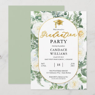 Witte rozen bloemstuk gouden lijst afstudeerfeest kaart