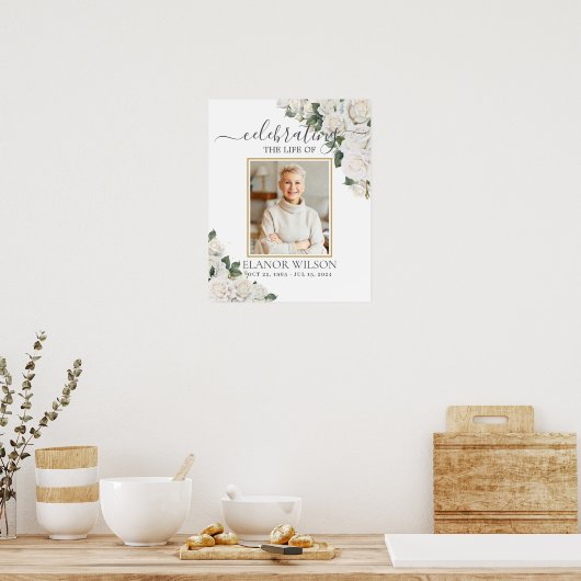 Witte Rozen Bloemstuk Herdenking van het Leven Fot Poster (Keuken)