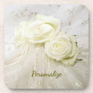 Witte Rozen Boeket Lace Veil Personaliseren Bier Onderzetter
