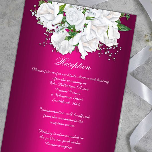 Witte rozen Boho Fuchsia Pink Weddenschap Informatiekaartje
