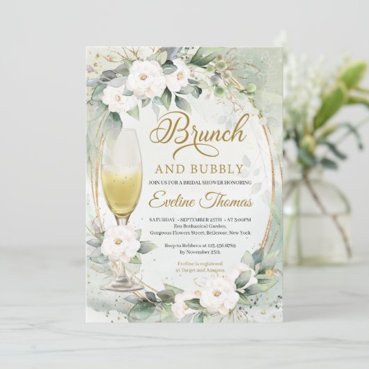Witte rozen champagne-glas goudbrunch en bubbly kaart (Staand voorkant)