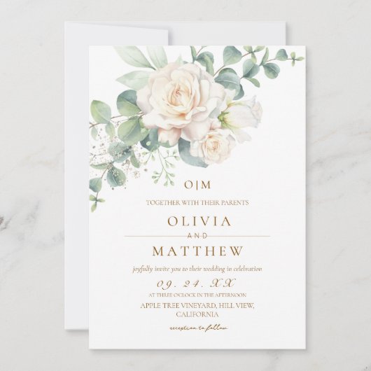 Witte Rozen Elegante Bloemen Bruiloft Kaart (Voorkant)