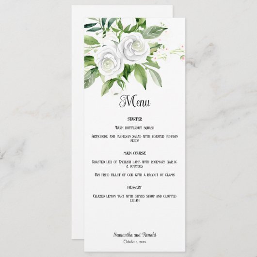 Witte Rozen en Baby's Breath Bruiloft Menu Kaart (Voorkant / Achterkant)