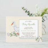 Witte rozen en gans baby strooi uitnodiging (Staand voorkant)